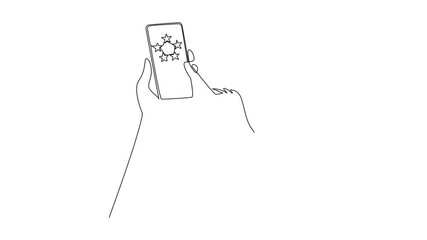 Poster - Animated self drawing continuous one line drawing hand hold smartphone and points at smartphone screen which has 5 stars. Always give 5 stars. Best quality. Write a Review Day. Full length animation