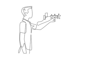 Poster - Animation of single one line drawing man points to a wall with lots of paper notes scattered around it. Good review. Raise the profile. Feedback. Write a Review Day. Full length motion