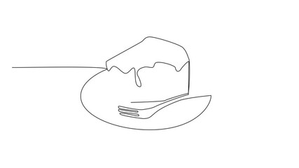 Poster - Animated self drawing continuous one line drawing chocolate layer cake covered in chocolate on small plate with small fork. Favorite of many ages. National Chocolate Custard Day. Full length animation