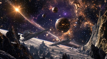 Wall Mural - stunning space scene with ships, planets and cosmic background