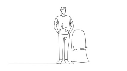 Poster - animated self drawing of single continuous line drawing a man in casual clothes standing next to a t