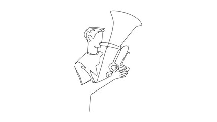 Poster - Animation of continuous one line drawing casually dressed man playing the tuba. Producing a pleasant tone. Street musician. Modern. Harmony. Jazz. National Tuba Day. Full length motion