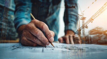 Poster - Double Exposure of Construction Worker Hand with Plans and Cranes