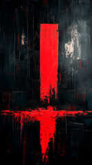 Wall Mural - Abstract painting on canvas, mostly covered with thick black acrylic or oil paint, rough and textured surface, with a single little bold red brushstroke as an accent, minimalist and dramatic compositi