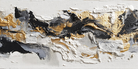 Poster - Textured abstract painting black, gold, white hues, creating dynamic, energetic visual. Showcases bold color contrasts and brushstrokes, ideal for modern decor
