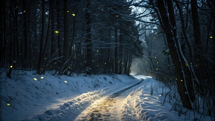 Wall Mural - Firefly silhouettes dance on a snowy path, enchanting a winter night forest.