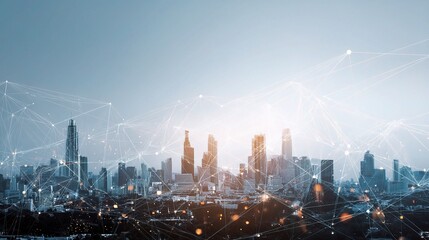 Poster - Double Exposure City Skyline with Global Business Connections