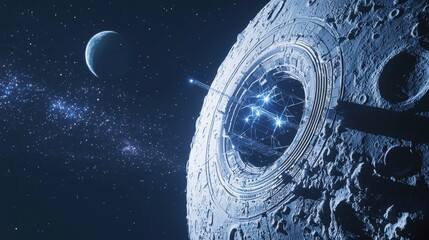 Wall Mural - futuristic lunar base with space structure against starry background