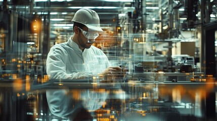 Poster - industrial leader in factory environment with modern technology overlay