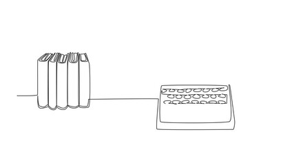 Poster - Self drawing animation of single one line drawing a typewriter with paper and a row of fairly thick books. A best work of contemplation. Peaceful mind. Inspiration. Wordsmith Day. Full length animated