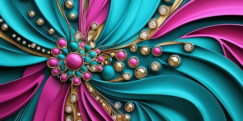 Poster - A vibrant abstract design featuring flowing shapes in turquoise and pink with decorative elements, creating a striking visual effect.