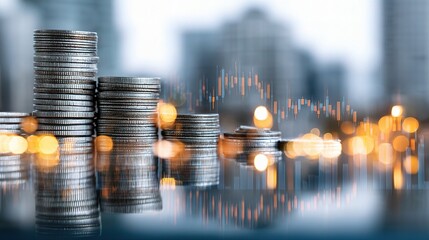 Poster - Double Exposure of Office Space with Rows of Stacked Coins