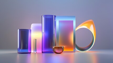 Poster - A collection of colorful, translucent glass objects arranged artistically, showcasing elegant shapes and vibrant light reflections.