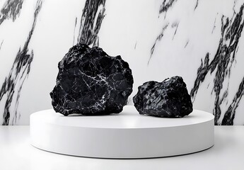 Poster - Dark Stones on White Platform Against Marble Background