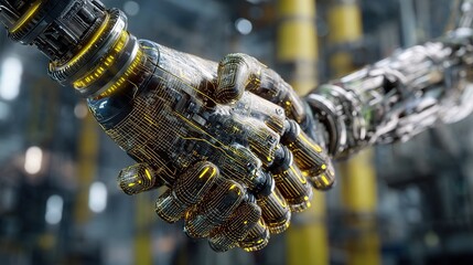 Poster - Robotic Arm Handshake with Human Engineer in Futuristic Setting
