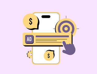 Poster - ppc advertising concept with smartphone, click-through ad, money symbol and target. ideal for market