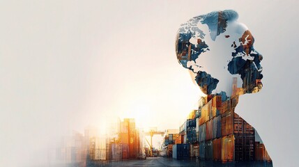 Poster - Double Exposure of Man with World Map for Logistics and Planning