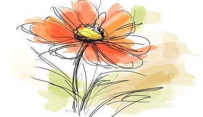 Poster - Orange Watercolor Flower Painting with Green Leaves