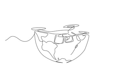 Poster - Animation of single continuous line drawing drone with globe background. Flying to guard the borders between countries. Assistance for the military. International Drone Day. Full length motion