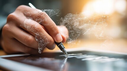 Poster - Hand with Pen Working on Tablet for Financial Diagram Creation