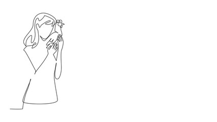 Poster - Self drawing animation of single one line drawing a woman hugging a hen. It is the laying season. Waiting with affection. Poultry.  International Respect for Chickens Day. Full length animated