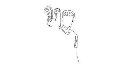 Poster - animation of single continuous line drawing rooster perched on shoulder of man in casual clothes. th