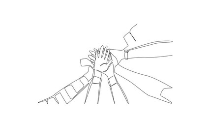 Poster - Animation of single continuous line drawing 5 pairs of hands with various sleeve models stacked on top of each other. Collaboration between divisions. Colleague. Join Hands Day. Full length motion