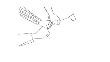 Poster - Animation of single one line drawing 6 hands with different sleeve styles, clenching their fists together. Reaching consensus. Uniting spirit. Teamwork. Join Hands Day. Full length motion