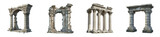 Ancient stone archways and columns depicting historical architectural ruins, cut out - stock png