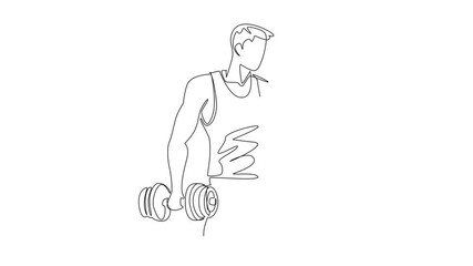 Poster - Animation of single one line drawing a man lifting dumbbells in each hand. Build muscle in both arms at once. Appear more confident.  Sporty. National Fitness Day. Full length motion