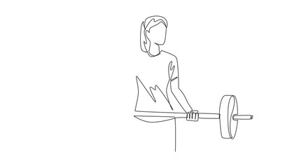 Poster - animated self drawing of continuous one line drawing young woman lifting a barbell with both hands. 