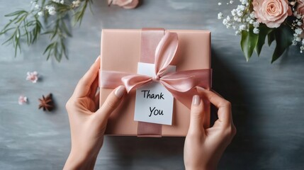 Poster - Woman's hands are holding a beautifully wrapped gift box with a pink ribbon and a thank you note, surrounded by flowers and decorations, creating a heartfelt mother's day scene