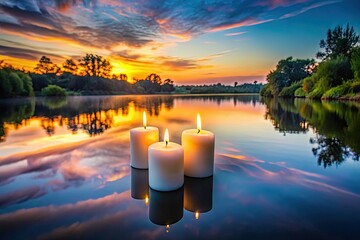 Wall Mural - Serene river, sunset's fiery embrace, long exposure captures tranquil beauty.