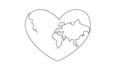 Poster - Animation of single one line drawing heart in the middle there is a world map. Earth in the frame of love. Full of love and friendship. No conflict. World Give Day. Full length motion