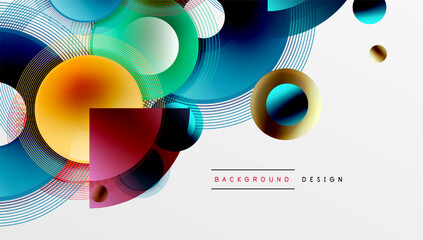 Fototapete - Abstract composition featuring overlapping circles, squares, lines. Vibrant colors blend, creating dynamic visual effect. Modern design suitable for backgrounds, presentations.