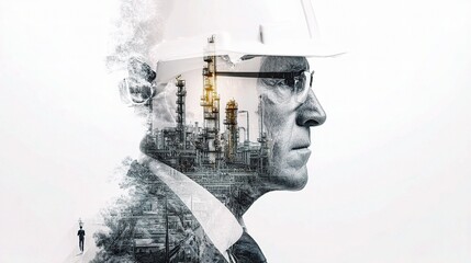 Poster - Double Exposure Portrait of an Engineer in Industrial Setting
