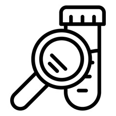 Poster - flask with magnifier line icon, clinical research concept. vector graphics. loupe and test tube, sea