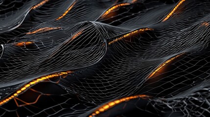 Poster - A digital rendering of flowing waves composed of a mesh structure, illuminated by soft orange lights on a dark background.