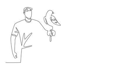 Poster - animated self drawing of single one line drawing white and beige falcon bird perched on hand of man.