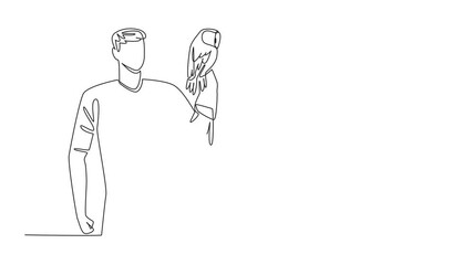 Poster - Self drawing animation of continuous one line drawing tawny owl perched on hand of man. Stocky brown owl. Large eyes help hunting in the dark. Largest owl in UK. Man Holding Bird. Full length animated