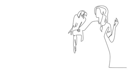 Poster - Animation of single one line drawing blue gold macaw parrot perched on hand of woman. Large parrot with long tail feathers. Grain eaters. Pets. Woman Holding Bird. Full length motion