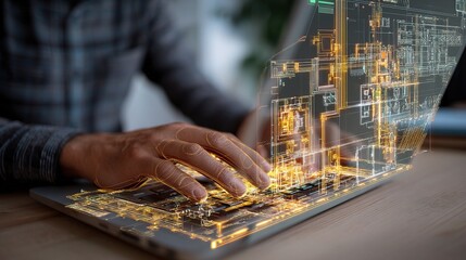 Fototapete - Electrical Engineer Working with Laptop and Glowing Circuit Design