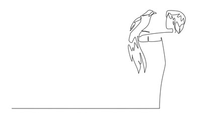 Poster - Animation of single one line drawing bird of paradise perched on hand of woman. One of the most visited animals in the wildlife park. Favorites. Woman Holding Bird. Full length motion
