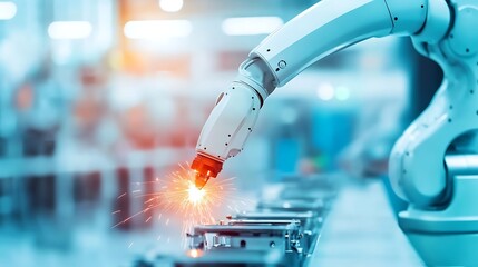 Poster - Industrial robotic arm welding components with sparks in a modern manufacturing facility showcasing advanced technology and automation processes
