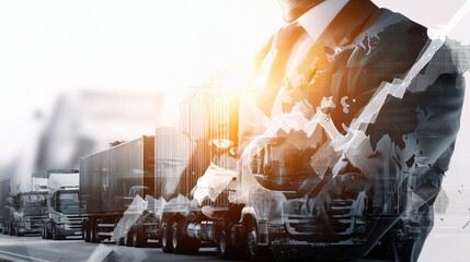 Poster - Double Exposure Businessman With Growth Graph And Freight Containers