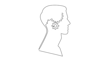 Poster - Animated self drawing of single one line drawing the head of a man with a gear in the middle of his head. Resetting brain. Trying to be more innovative. Inside the Head of Man. Full length animation