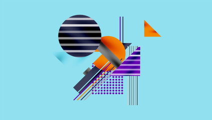 Fototapete - Abstract geometric composition. Stripes, circles, triangles intersect. Purple, orange, navy dominate light blue background. Modern design elements create dynamic visual experience.