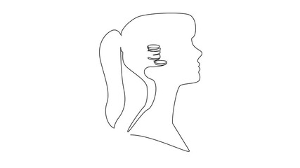 Poster - Self drawing animation of single one line drawing the head of a woman with a pile of coins in the middle of her head. A little pile that will be hilly. Inside the Head of Woman. Full length animated