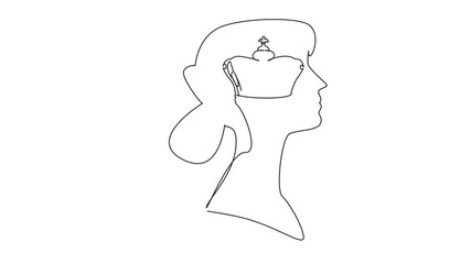 Poster - Animated self drawing of single one line drawing the head of a young woman with a royal crown in the middle of her head. Get title of honorary queen. Inside the Head of Woman. Full length animation