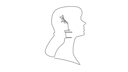Poster - Animated self drawing of single one line drawing the head of woman with a money tree in a pot in the middle of her head. Always think about passive income. Inside Head of Woman. Full length animation